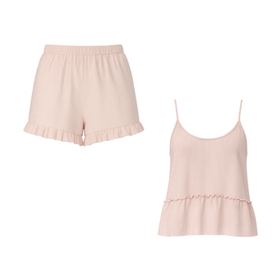 Women Fashion Woven Ribbed Knit <b>Thermal</b> Breathable Ruffle Hem Camisole Shorts Set Bulk Orders OEM ODM Apparel Factory - Product Image 1