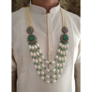 Collier de marié royal indien pour mariage Sherwani traditionnel pierre verte et perle bijoux en couches Dulha Mala - Product Image 4