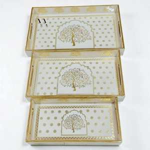 Set of Three Handcrafted Wooden MDF Serving Trays with Golden <b>Foil</b> Premium Quality Single Tier for Home <b>Kitchen</b> Living Room - Product Image 1