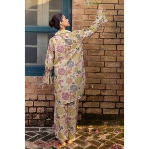 Ensemble 2 pièces imprimé à rayures Zari en jacquard SPT-52003, pantalon sarouel taille haute en crêpe avec volants, coupe ample - Product Image 2