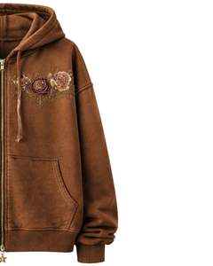 Sweat à capuche zippé brun délavé sur mesure avec broderie de rose, streetwear vintage, veste en molleton de coton délavé sur mesure - Product Image 4