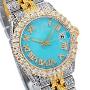 นาฬิกาหรูฮิปฮอปคุณภาพระดับพรีเมี่ยมหน้าปัดสีฟ้า Moissanite หน้าปัดเพชรสีเหลืองทองออกแบบให้มีสไตล์อะนาล็อก - Product Image 2