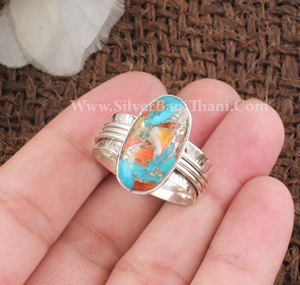 Bague en cuivre turquoise d'huître épineuse naturelle-Bague large en argent sterling 925 pour femme en gros faite à la main - Product Image 2