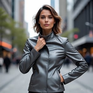 เสื้อแจ็คเก็ตมีซิปหนังแท้สำหรับผู้หญิง, เสื้อแจ็คเก็ตนักขี่จักรยานเสื้อโค้ทหนังแกะเปิดคอเสื้อสำหรับผู้หญิง - Product Image 2