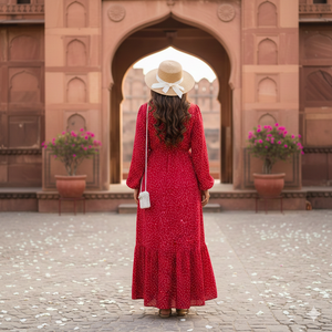 Robe longue Unity Luxure pour femme en crêpe de rayonne premium, rouge à pois, manches longues, col en V, évasée, décontractée et idéale pour les vacances - Product Image 2