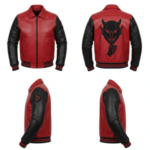 Blouson Bomber Varsity en Cuir et Toile Rouge et Noir Personnalisé 2026 avec Broderie Diable et Patch Frontal – Vente en Gros pour Homme - Product Image 5
