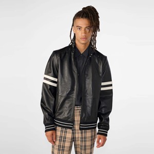 Chaqueta Bomber de cuero negro para hombre con rayas-Estilo retro clásico con detalle de rayas, perfecto para casual y urbano - Product Image 2