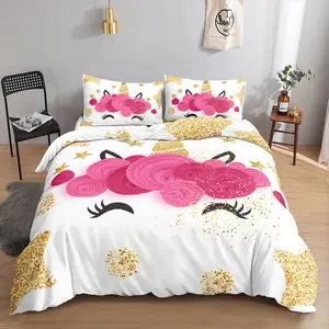 Rosa 3D Einhorn Bettwäsche Prinzessin Mädchen schöne Polyester Bett bezug Set 3 Stück