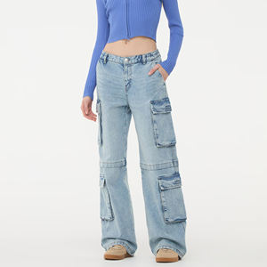 Pantalon en jean taille haute pour femmes sur mesure de haute qualité coupe ample léger plusieurs poches Style avant plat pour l'été - Product Image 1