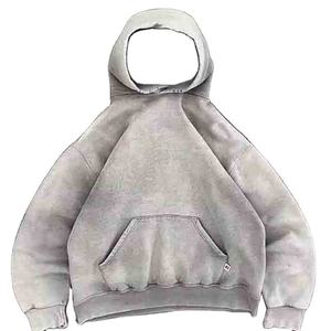 Sweat à capuche d'hiver pour hommes de Style Vintage lourd lavage à l'acide pull en coton noir brodé motif solide imprimé 100% coton à capuche - Product Image 4