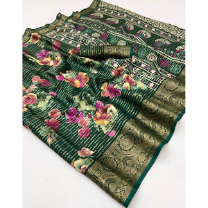 สารีไหมโดลาบริสุทธิ์พิมพ์ลายดอกไม้ในเฉดสีพาสเทล dola Silk สารีสีม่วงพร้อมการตกแต่ง zari หนัก - Product Image 4