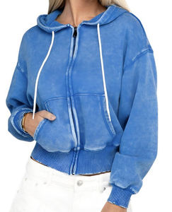 Sudadera con capucha desgastada French Terry con cremallera lavada con ácido desteñida al sol a la moda de Invierno para mujer con logotipo frontal - Product Image 1