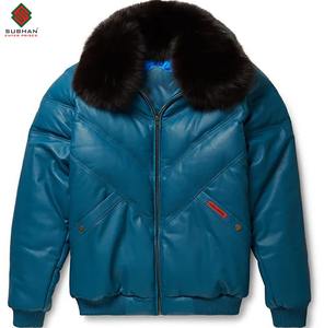 Chaqueta Bomber Azul de Cuero Genuino para Hombre |   Chaqueta de Cuero Vacuno Hecha a Mano |   Estilo clásico vintage con puños y cintura acanalados. - Product Image 1