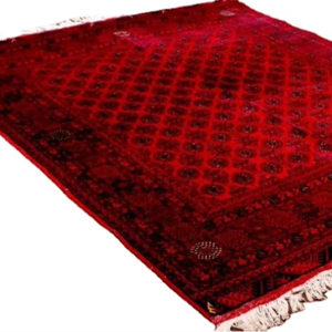 Tapis géométrique en laine rouge foncé et noir, tapis d'intérieur en laine, tapis afghan noué à la main en soie Mawri Gul - Product Image 1