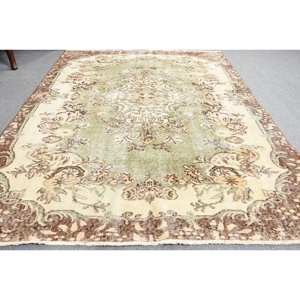 Alfombra turca Vintage de 5,4x7,8 pies, alfombra verde de lana Beige para sala de estar, respaldo de látex, Patchwork Aubusson para pasillo - Product Image 3