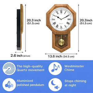 Horloge murale à pendule style école avec sonnerie Westminster, mode silencieux à détection de lumière pour la maison, le bureau et le salon - Product Image 2