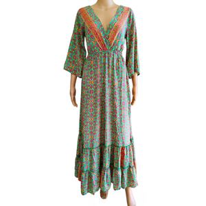 Vestido largo de seda tejida con estampado paisley indio, estilo bohemio natural, geométrico coreano Y2K, corte en A, talla única, para primavera y verano, sencillo, dulce y para uso diario. - Product Image 1