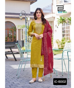 Indian Ethnic Wear Rayon Foil Print Embroidery Work Wedding Leranath Fashion Readymade Salwar Kameez Chanderi Print Latkan - Product Image 1