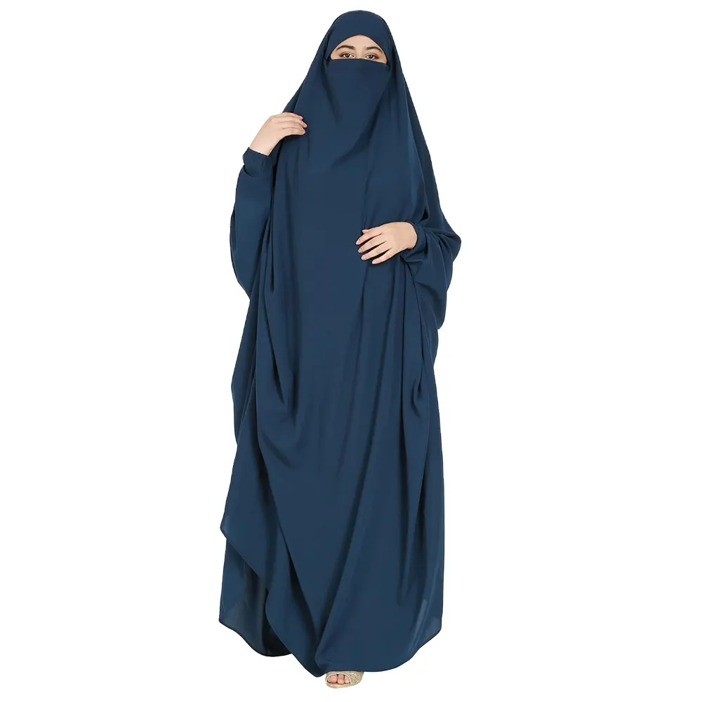 Le donne fuori indossano abiti Casual Abaya arabo Hijab musulmano blu tinto moda traspirante lungo Abaya donna oversize 2 strati