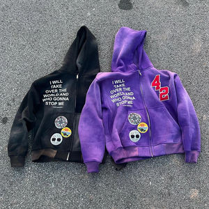 Sudaderas con Capucha y Cremallera para Hombre, 100% Algodón Tejido, Lavado Ácido, Efecto Desgastado por el Sol, con Parche de Chenilla y Pedrería Personalizada - Product Image 3