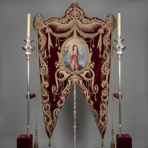 Custom Baroque Swallowtail Liturgical <b>Banner</b> Hand Embroidered Metallic Gold Wire Church <b>Banner</b> with Ceremonial Silver Pole - Product Image 1