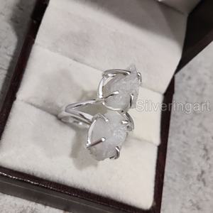 Bijoux en pierre brute Bague pour femme Pierre de lune arc-en-ciel naturelle Pierre précieuse Juin Pierre de naissance Double pierre Bijoux Bague en argent sterling 925 - Product Image 4