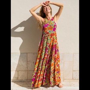 2024 nouveautés été mode vêtements femmes décontracté bohème Floral longue Maxi robe cravate teinture Boho gitane Chic satin soie tissu - Product Image 1