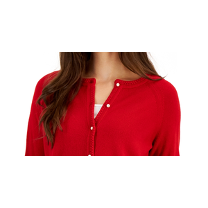 Cardigan rosso girocollo da donna Karen Scott, taglia media, con bottoni perlati e motivo jacquard stampato - Product Image 2