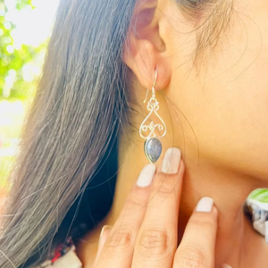 Handmade 925 Sterling Silver Labradorite Stone <b>Drop</b> <b>Earrings</b> with <b>Gold</b> Accent Long Design Wedding Party Gift for Women - Product Image 1