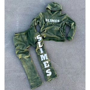 Chándal con parche bordado desgastado lavado con ácido para hombre, chándal personalizado de gran tamaño French Terry Vintage Flare Pants y Hoodie Set - Product Image 1