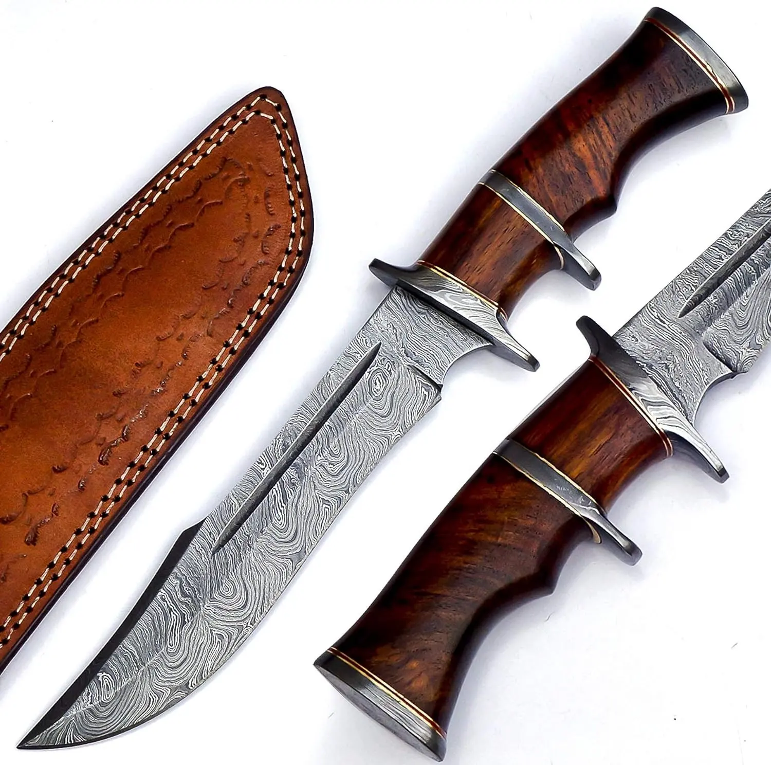 Cuchillo Bowie de acero de Damasco hecho a mano con mango de madera de Rosa y Funda de cuero, cuchillo vikingo para exteriores, precio al por mayor