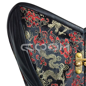 Red Dragon Brocade Overbust Waist Slimming Bustier <b>Corset</b> With leather Panels & Front Antique Clasp Closure - Product Image 5