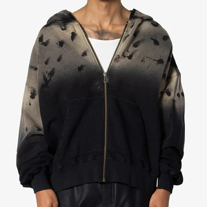 Venta al por mayor personalizado ácido lavado desgastado sudaderas con capucha para los hombres | Ripped Oversized Vintage Zip-Up térmica Hoody con bordado - Product Image 1