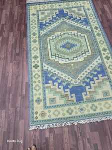 พรมตุรกีสไตล์วินเทจผ้าวูลวิ่งขนแกะสีฟ้าอ่อน3X5ขนาดเล็กแบบดั้งเดิมสูงทำด้วยมือสำหรับห้องน้ำในห้องนั่งเล่นสวดมนต์ขนาด3x12ขนาดกอล์ฟ - Product Image 6