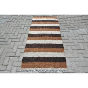 Vintage Rug, Accent 2.8x6.2 ft Turkish Rug, <b>Brown</b> White Moroccan <b>Wool</b> Rug - Product Image 1