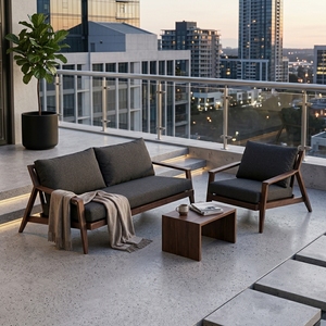 Ensemble de meubles de jardin en teck noyer foncé avec coussins en tissu Cartenza noir, canapé et fauteuil, pour aménagement de patio, design artistique pur - Product Image 5