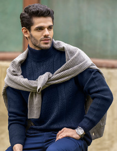 Venta al por mayor High Street Hombres Suéter de cuello alto 100% Algodón Color sólido Grueso Casual Rayas Punto Cremallera Frontal Invierno - Product Image 2