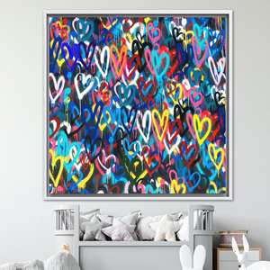 Tableau imprimé sur toile : Design graffiti Banksy Love Hearts, TOILE ENCADRÉE BLANCHE - Product Image 1