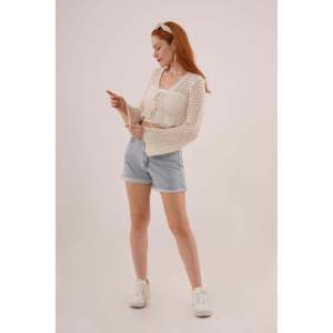Lustrin Women's Cream Open Front Lace-Knit Crop <b>Cardigan</b> <b>Sweater</b> with Tie-Front Detail, Stylish Short Length Knitwear Top - Product Image 5