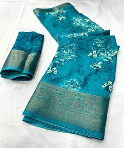 Sari de Terciopelo, Seda y Rayón con Organza y Encaje Floral para Bodas y Fiestas - Product Image 6