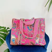 Bolsa de Mano Ecológica para Mujer, Estampado Floral Hecho a Mano, Acolchada de Algodón, Asa de Cuerda de Algodón, Estilo Bohemio para Compras Diarias