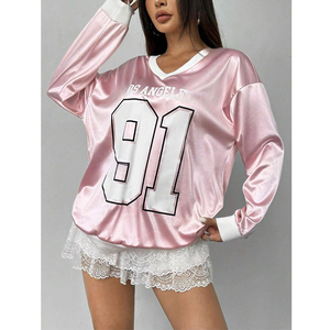 Sweat-shirt oversize à col en V imprimé en satin personnalisé, sweat-shirt décontracté à manches longues imprimé pour femmes, sweat-shirt à capuche pour femmes - Product Image 1