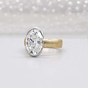 Oval Engagement <b>Ring</b> with Solitaire <b>Diamond</b> Two Tone Yellow Gold Wedding Band Bezel Set <b>Diamond</b> <b>Rings</b> - Product Image 3