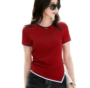Fabricant de tricots sur mesure, pull en tricot pour femme à col rond et manches courtes, rouge, printemps-été. - Product Image 1