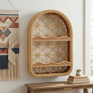 Estante de Pared Arqueado de Ratán con Marco de Cuentas, Estante de Almacenamiento Tejido a <span class=keywords><strong>Mano</strong></span> de <span class=keywords><strong>2</strong></span> Niveles, Estante Decorativo de Pared para Decoración de Sala de Estar - Product Image 2