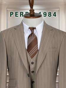 Costume d'affaires marron à fines rayures pour homme, croisé, col mandarin, en mélange viscose et polyester, infroissable, grandes tailles, avec gilet - Product Image 5