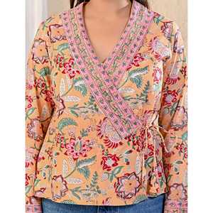 Top de Chifón con Bordado Floral Pastel, Decoración Lateral con Dori y Estampado Jaal a Mano, Asimétrico, Largo, para Fiestas Formales, Talla XL - Product Image 2