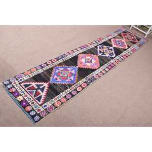2.4x11.8 ft Turkish <b>Runner</b> Rug, Blue <b>Red</b> Vintage Abstract Wool Rug - Product Image 2