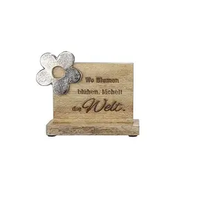 Eleganter Frühlingsständer Mangoholz und Metall Botschaft, Wo Blumen Blühen Abmessungen 16 × 15 × 5 cm Farbe natürlich und silbern