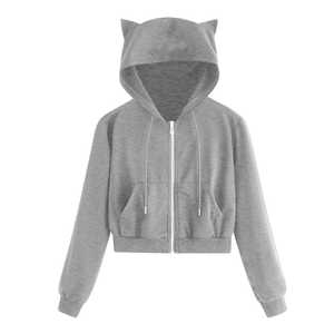 Sudadera con capucha personalizable de lana 100%, Sudadera con capucha y orejas de gato, Top corto con cremallera y bolsillo, sudaderas con capucha sólidas bordadas OEM de manga larga - Product Image 3